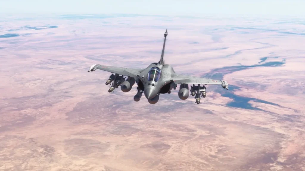Dassault Rafale em voo sobre terreno desértico no MSFS 2024