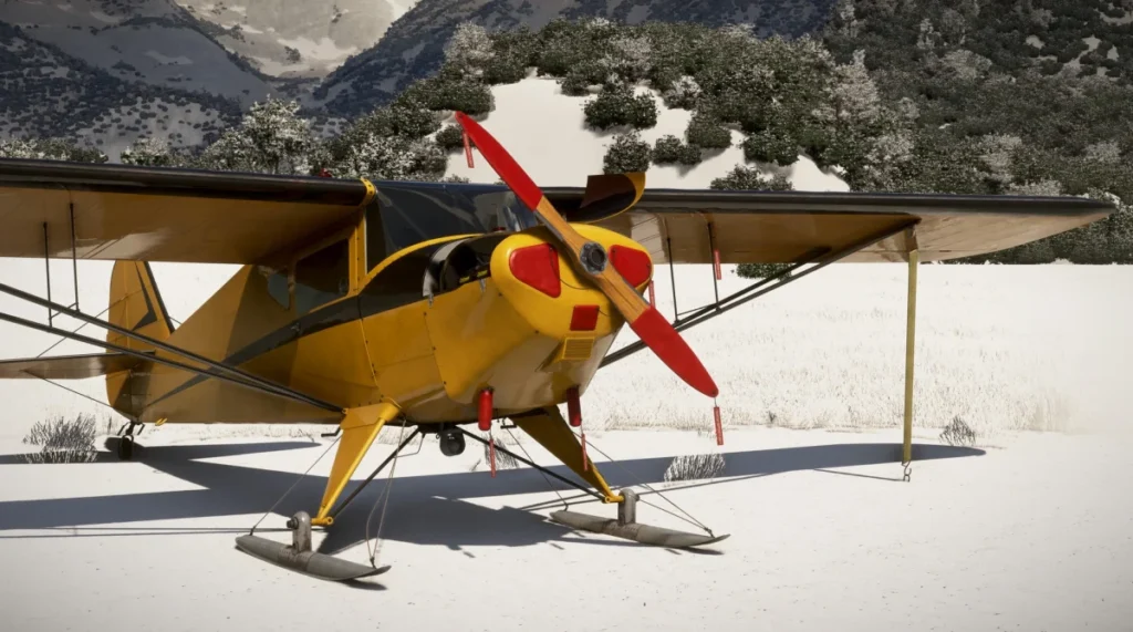 Taylorcraft BC-12D com esquis estacionado na neve