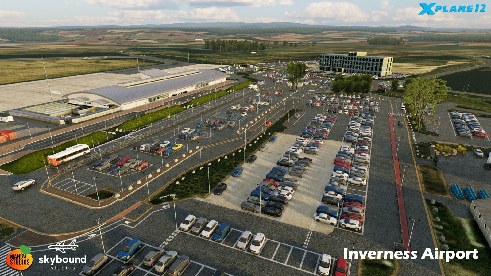 Vista aérea do Inverness Airport no cenário para X-Plane 12