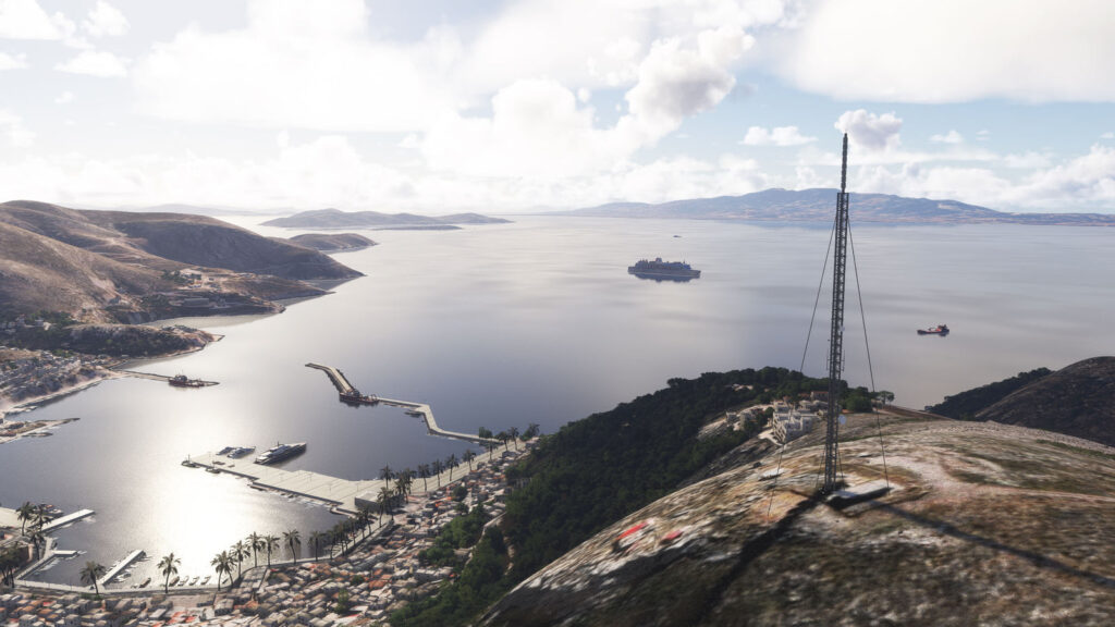 Vista da ilha, porto e litoral de Kalymnos no Microsoft Flight Simulator