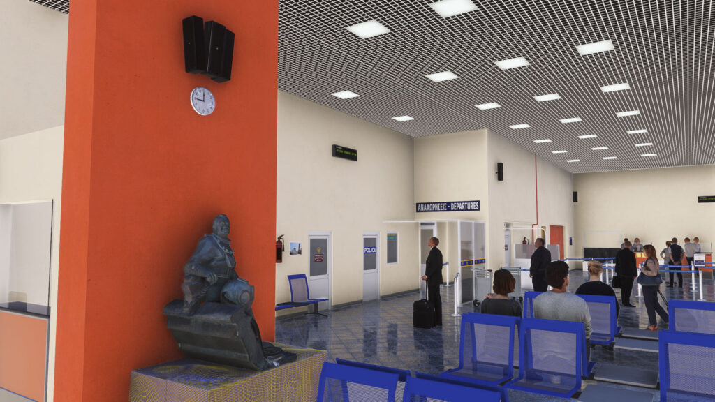 Interior modelado do terminal do Kalymnos Airport LGKY no MSFS