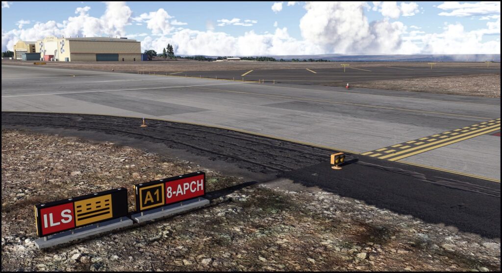 Placas e detalhes de pista no cenário PacSim Albuquerque International Sunport para MSFS