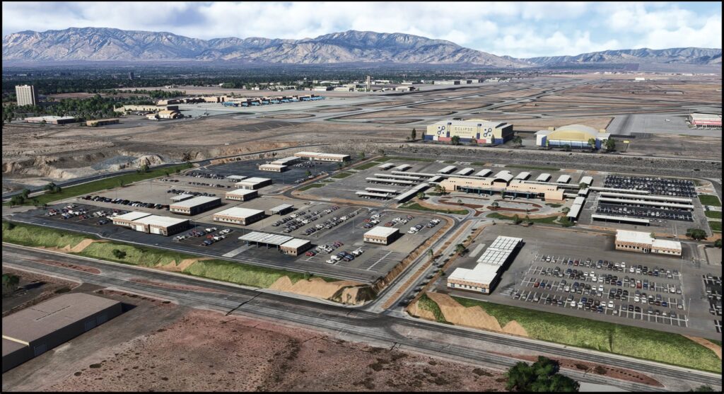 Vista aérea do aeroporto Albuquerque International Sunport no cenário PacSim para Microsoft Flight Simulator