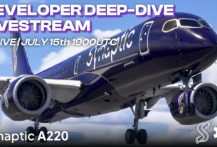 Synaptic A220 durante a divulgação da livestream de desenvolvimento no Microsoft Flight Simulator