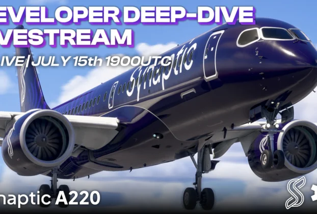Synaptic A220 durante a divulgação da livestream de desenvolvimento no Microsoft Flight Simulator