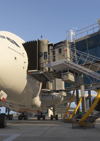 Aeronave widebody conectada a jetways no cenário iniBuilds Hong Kong VHHH para Microsoft Flight Simulator 2024