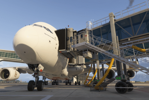 Aeronave widebody conectada a jetways no cenário iniBuilds Hong Kong VHHH para Microsoft Flight Simulator 2024