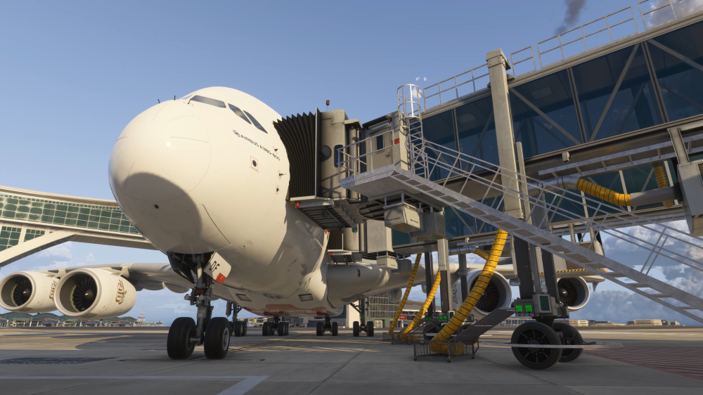 Aeronave widebody conectada a jetways no cenário iniBuilds Hong Kong VHHH para Microsoft Flight Simulator 2024