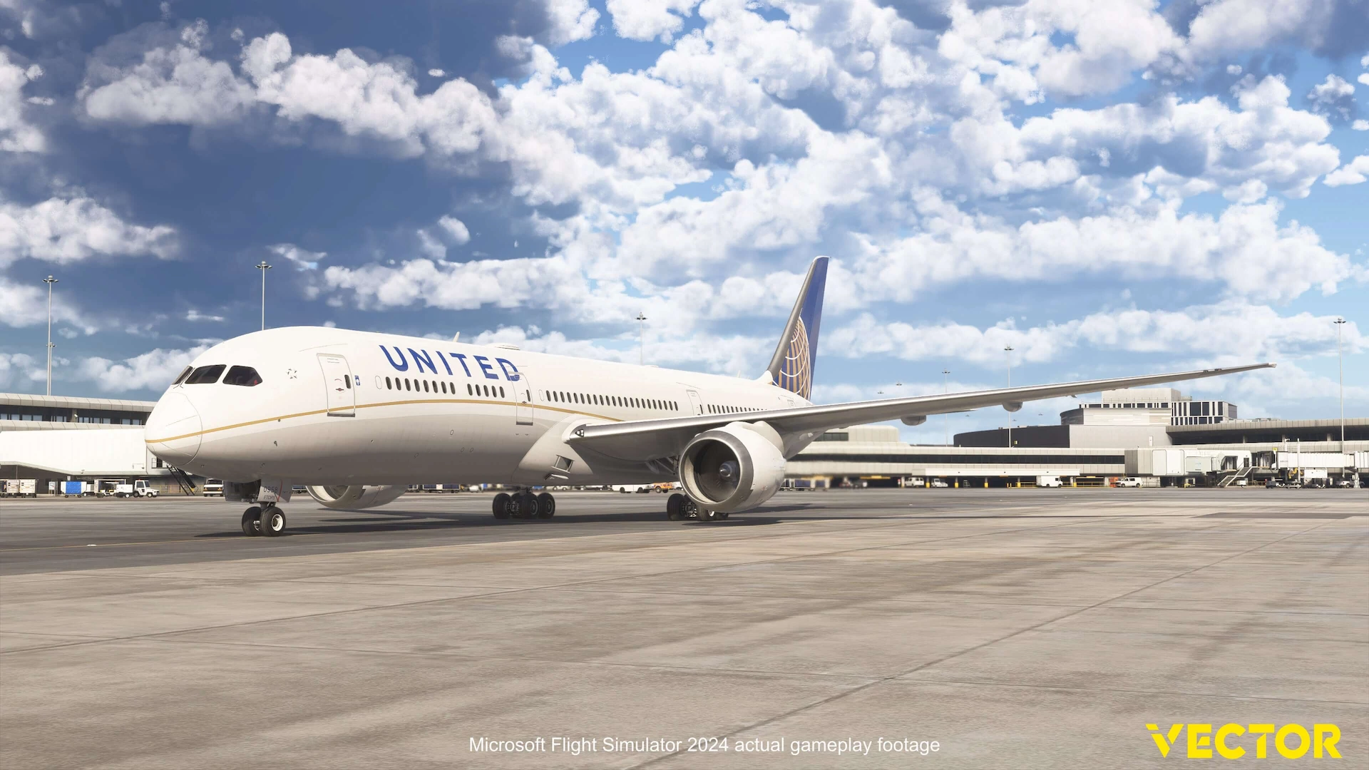 Vector 787-9 da Vector em voo no Microsoft Flight Simulator 2024 durante fase Alpha