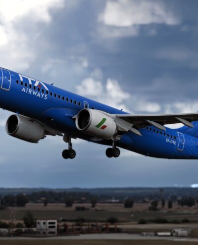 Synaptic Airbus A220 em voo no Microsoft Flight Simulator