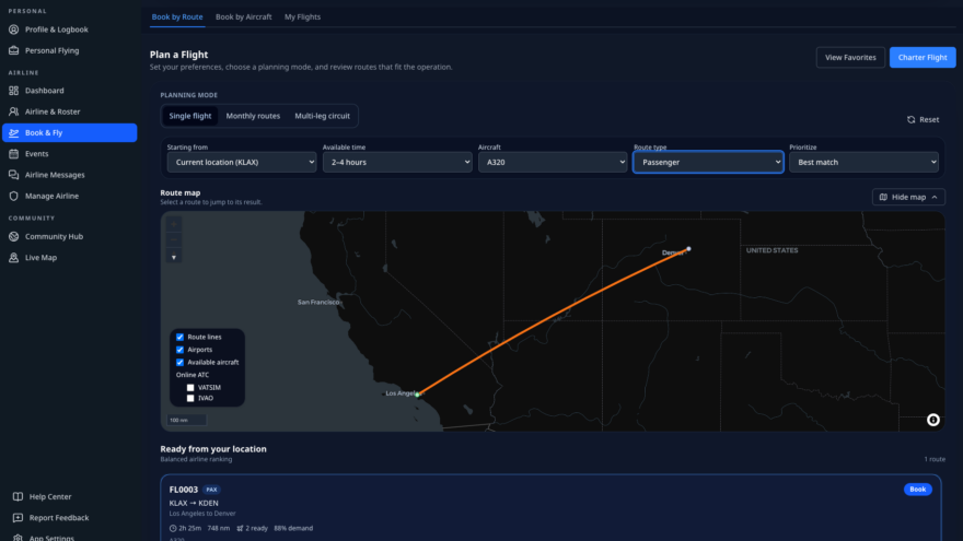 Interface do FlightLinq 1.4.0 para gestão de companhia virtual e voos