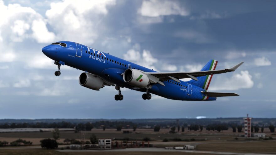 Synaptic Airbus A220 em voo no Microsoft Flight Simulator