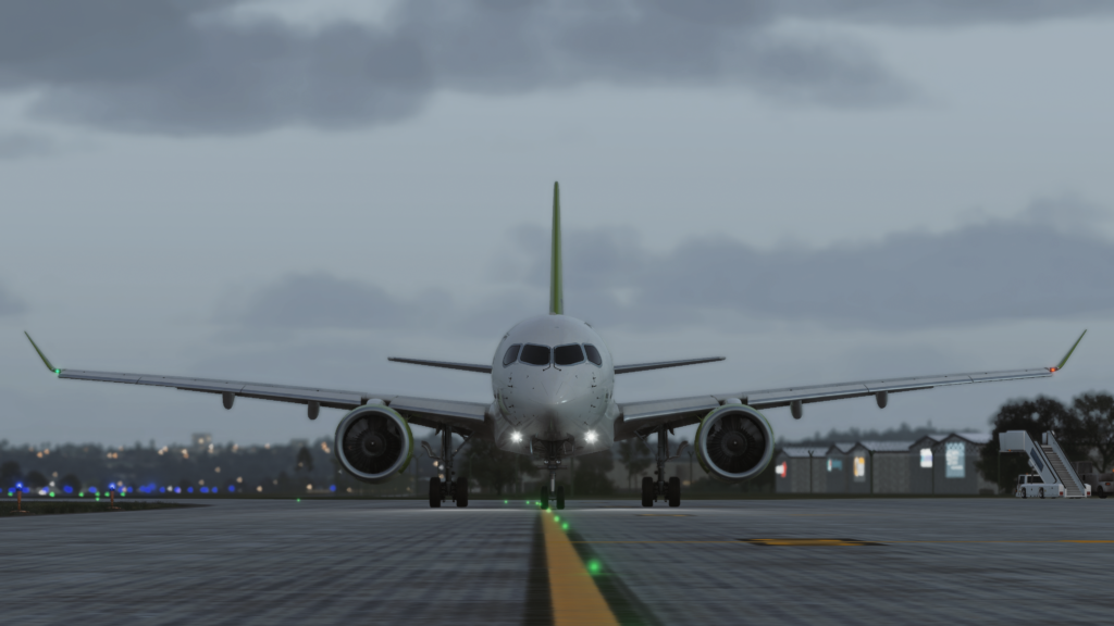 Synaptic Airbus A220 visto de frente na pista no Microsoft Flight Simulator