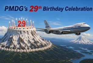 Arte de aniversário de 29 anos da PMDG com promoção do catálogo