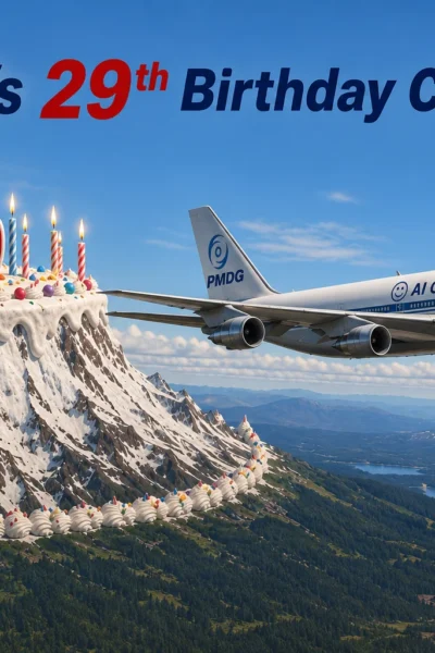 Arte de aniversário de 29 anos da PMDG com promoção do catálogo