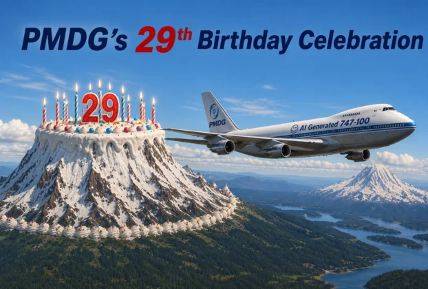 Arte de aniversário de 29 anos da PMDG com promoção do catálogo