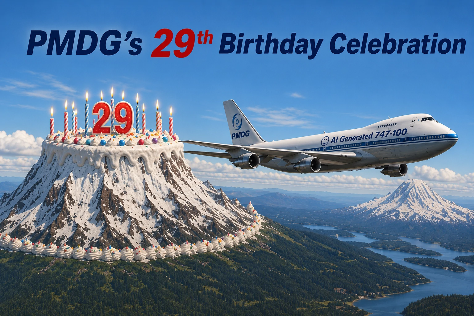 Arte de aniversário de 29 anos da PMDG com promoção do catálogo