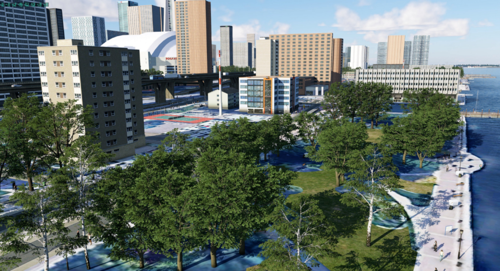 Cenário urbano do simHeaven X-World Pro no X-Plane 12