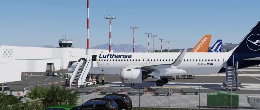 Aeronaves no pátio do Mykonos Airport da Skydom para X-Plane 12