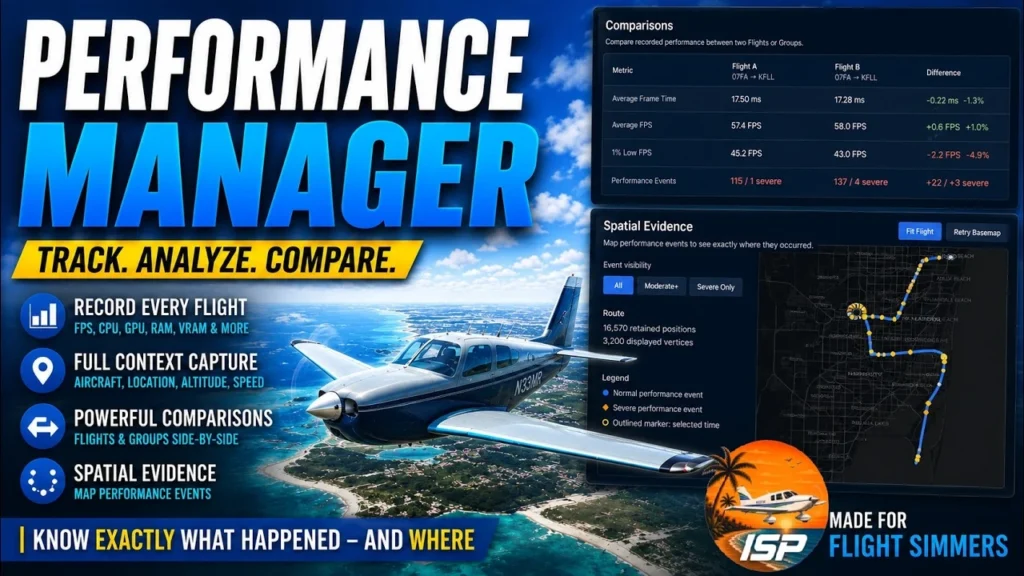 IslandSimPilot Performance Manager com recursos de análise de desempenho do MSFS