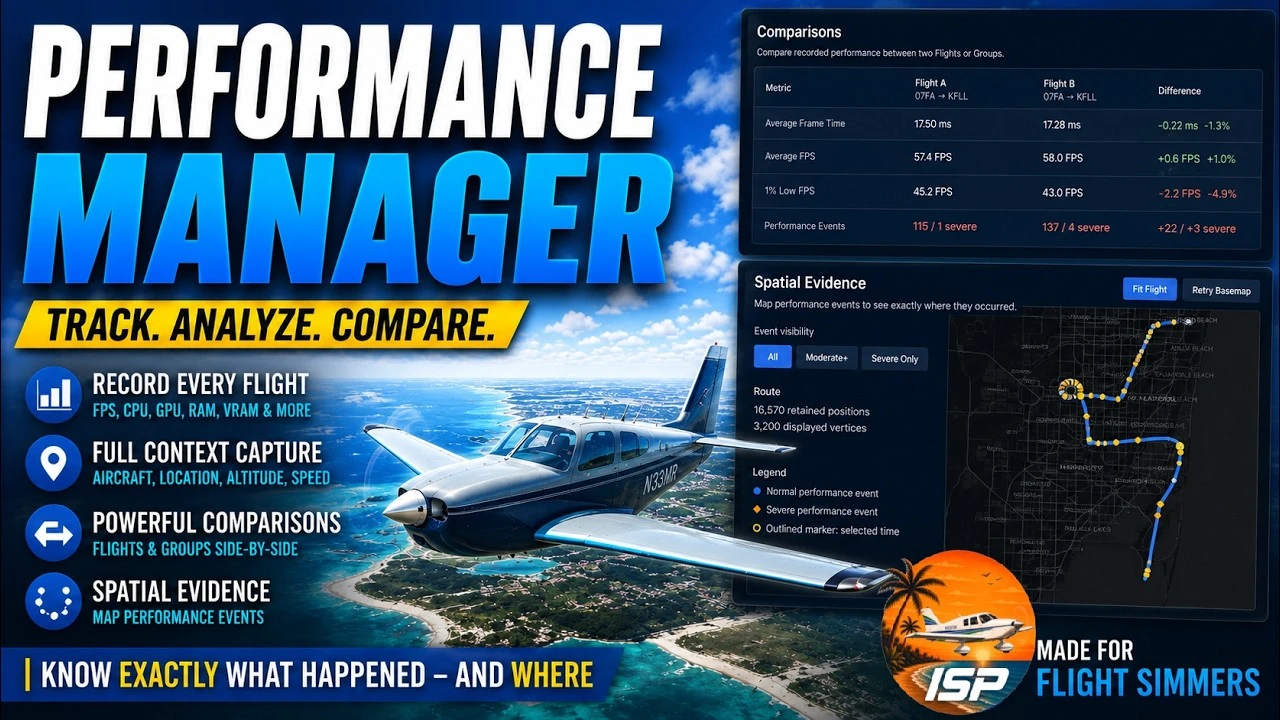 IslandSimPilot Performance Manager com recursos de análise de desempenho do MSFS