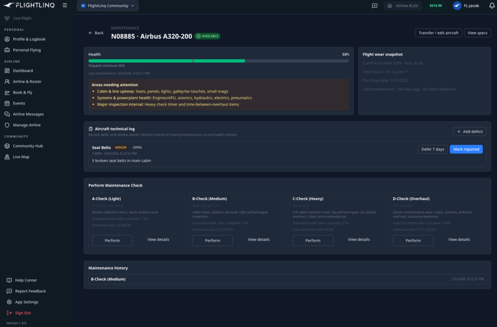 Painel de configurações e manutenção do FlightLinq 1.4.0