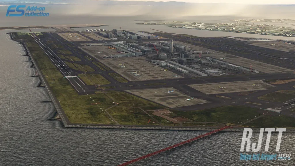 Vista aérea do aeroporto Tokyo Haneda RJTT no Microsoft Flight Simulator