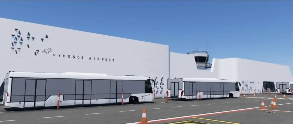 Fachada do terminal Mykonos Airport no X-Plane 12
