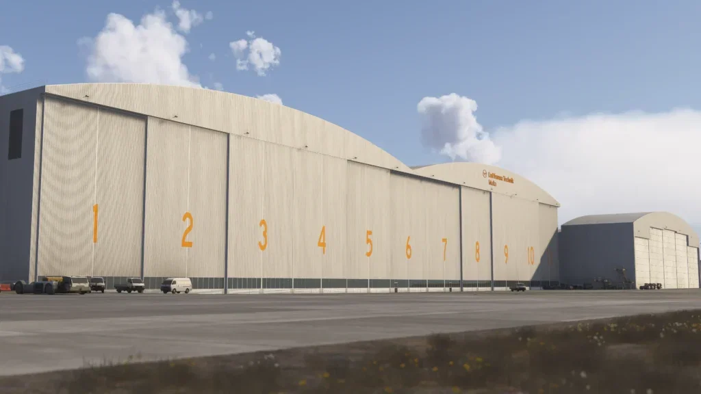 Hangares e infraestrutura do Malta International Airport no cenário da iniBuilds