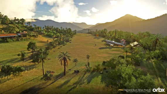 Pista remota ao pôr do sol no PNG Highland Bush Strips Pack 6 da Orbx.