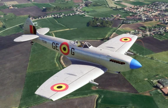 Spitfire Mk.XVI com marcações belgas em voo no MSFS