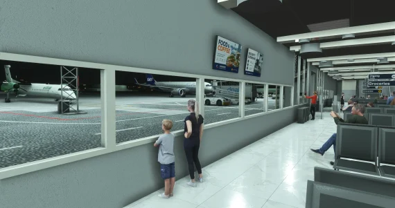 Área interna do aeroporto ENZV Stavanger Sola no cenário da IronSim.