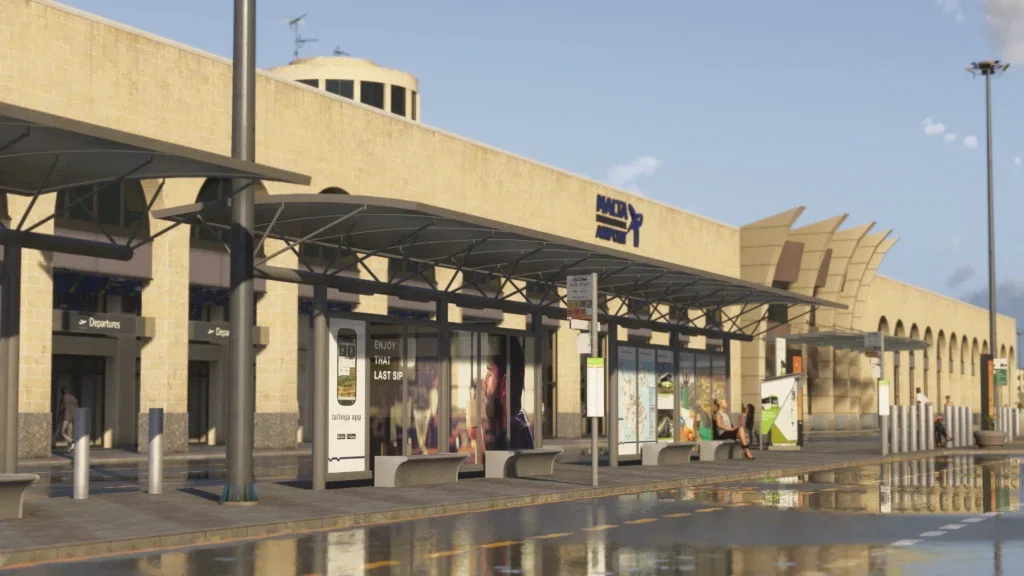 Área externa do terminal Malta International Airport no cenário da iniBuilds