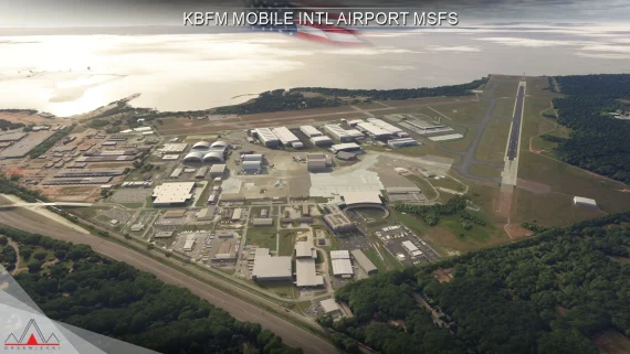 Vista aérea das pistas e instalações do KBFM Mobile no Microsoft Flight Simulator