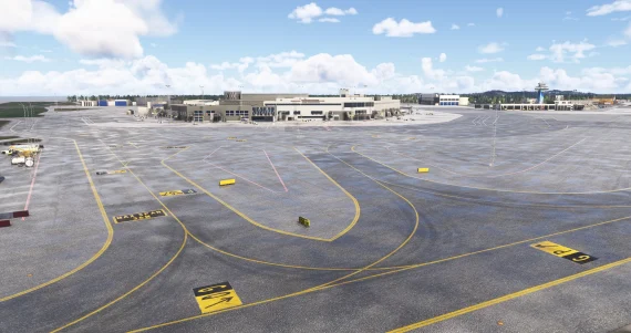 Vista do pátio e taxiways do ENZV Stavanger Sola no MSFS.