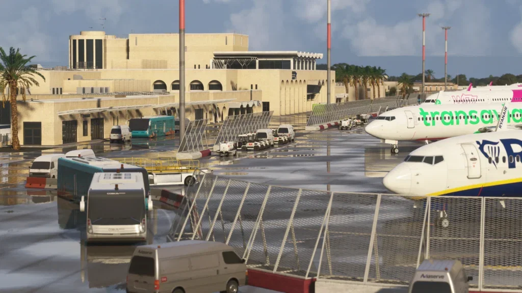 Pátio do Malta International Airport com aeronaves no cenário da iniBuilds