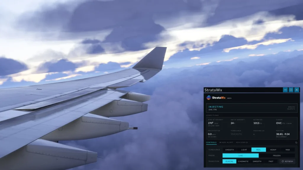 Vista de asa sobre nuvens com interface StrataWx no MSFS