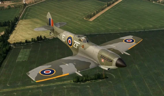 Spitfire Mk.XVI visto de cima em voo no Microsoft Flight Simulator
