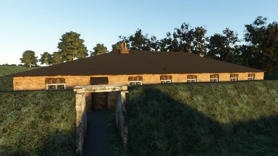 Prédio histórico com iluminação baixa no cenário RAF Kenley 1940