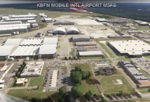 Vista aérea do KBFM Mobile International Airport no cenário da Drzewiecki Design para Microsoft Flight Simulator