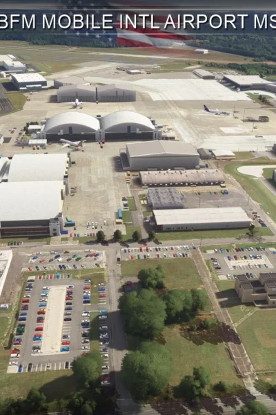 Vista aérea do KBFM Mobile International Airport no cenário da Drzewiecki Design para Microsoft Flight Simulator