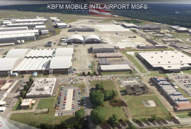 Vista aérea do KBFM Mobile International Airport no cenário da Drzewiecki Design para Microsoft Flight Simulator
