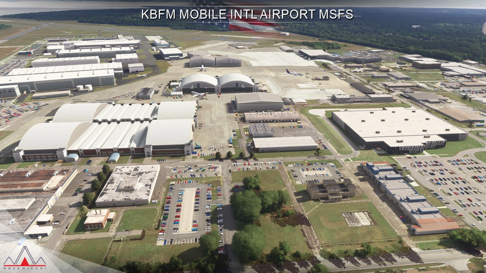 Vista aérea do KBFM Mobile International Airport no cenário da Drzewiecki Design para Microsoft Flight Simulator