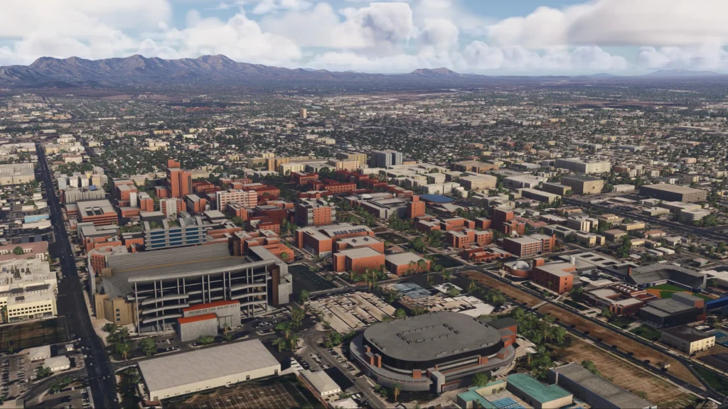Vista aérea de Tucson City Landmarks com campus da University of Arizona no Microsoft Flight Simulator