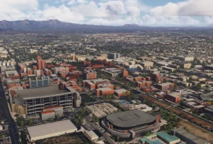 Vista aérea de Tucson City Landmarks com campus da University of Arizona no Microsoft Flight Simulator