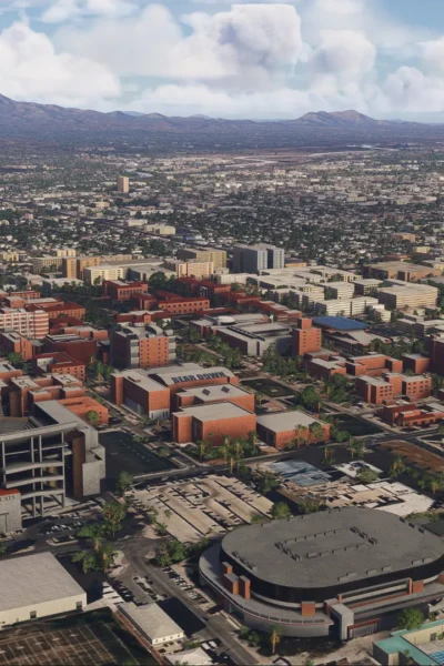 Vista aérea de Tucson City Landmarks com campus da University of Arizona no Microsoft Flight Simulator