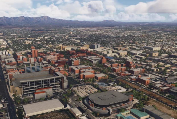 Vista aérea de Tucson City Landmarks com campus da University of Arizona no Microsoft Flight Simulator