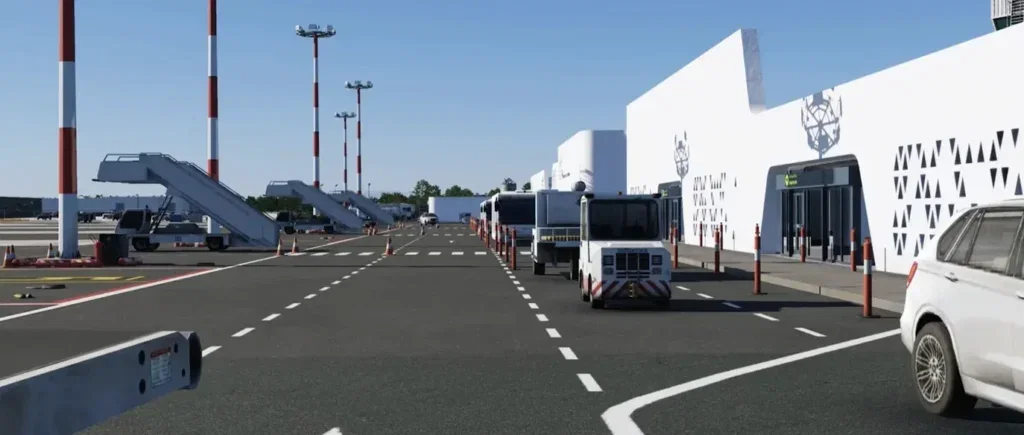 Área externa do aeroporto de Mykonos no cenário Skydom para X-Plane 12