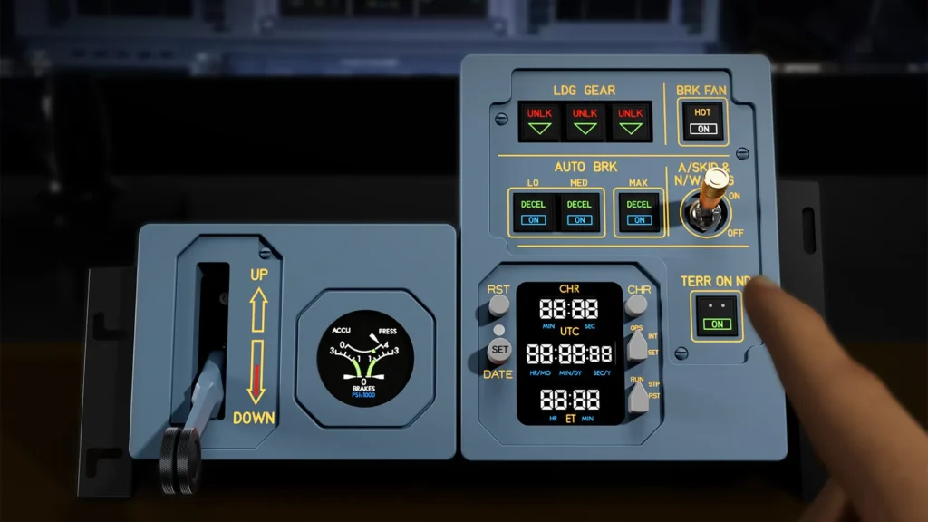 Painel Airbus Wingflex GMP em uso com controles de trem de pouso e autobrake