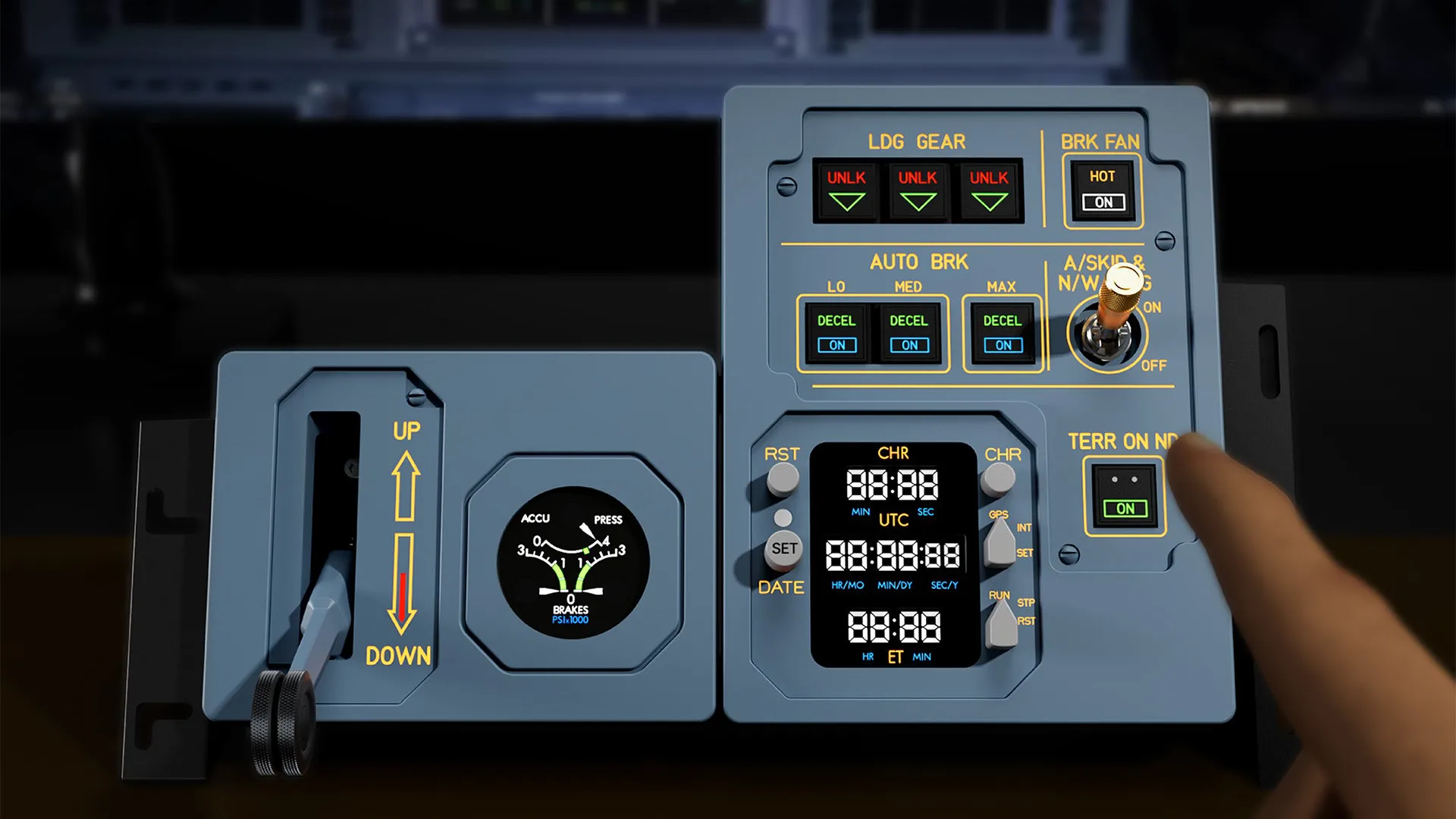 Painel Airbus Wingflex GMP em uso com controles de trem de pouso e autobrake